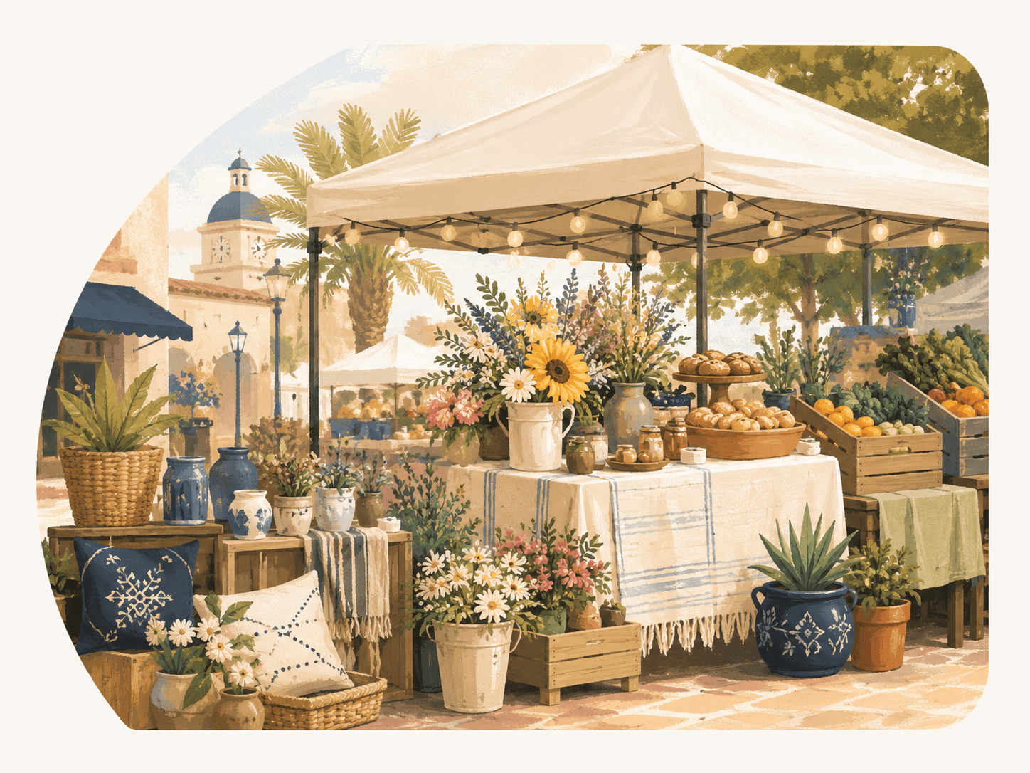 Illustrated local market stall with handmade goods and flowers